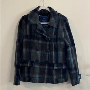 American Eagle Double Breasted Wool Blend Peacoat Plaid Gray Blue M Winter 2010s